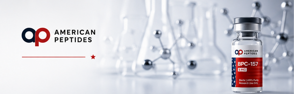 Lab flasks and molecular model with American Peptides vial — bacteriostatic vs sterile vs distilled water