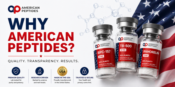 Why American Peptides — research vials with American flag, microscope, and AP branding