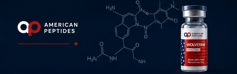 Peptide chemical structure diagram with American Peptides vial — reconstitution solvent chemistry