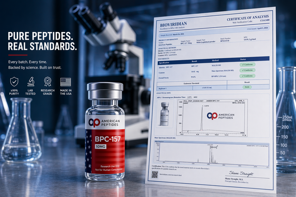 Multi-panel research peptide imagery — vials, microscope, AP logo