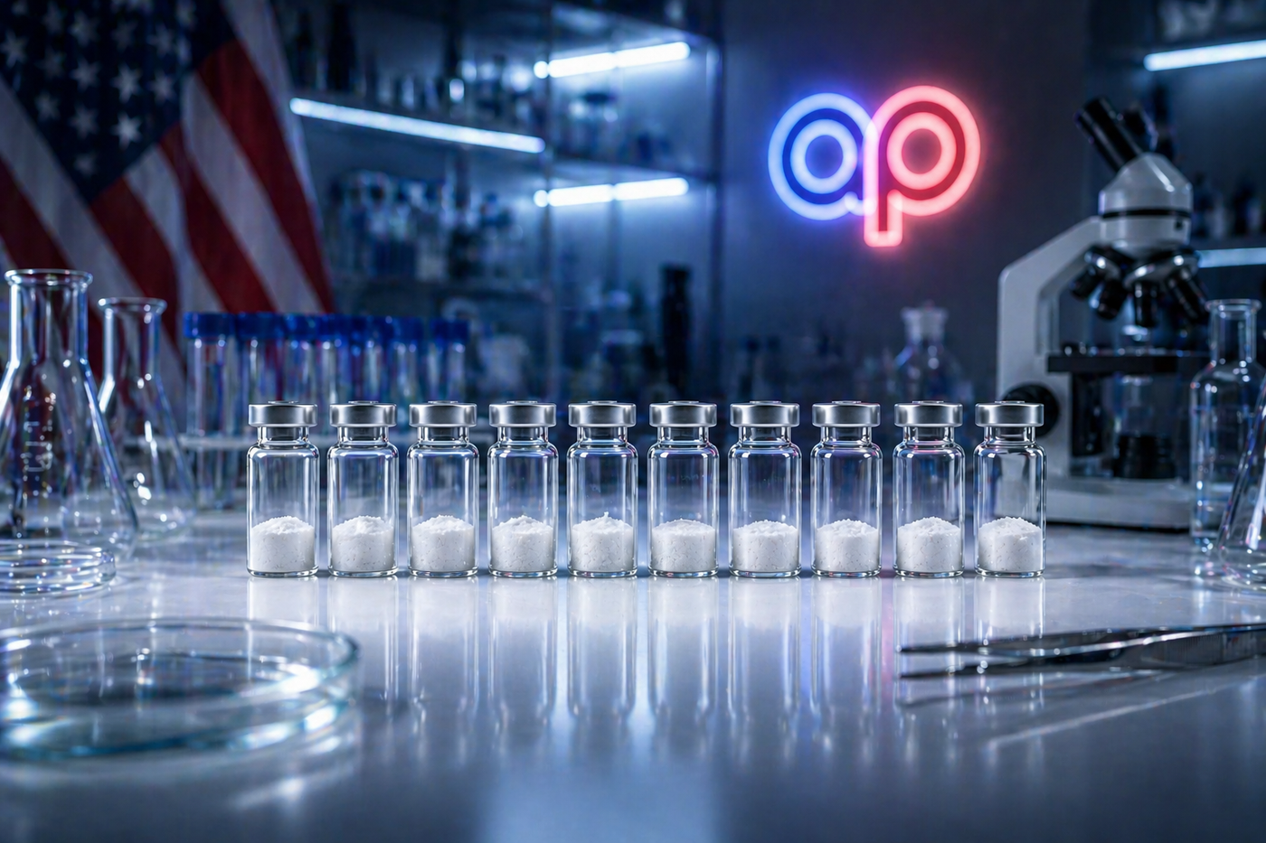 Research peptide vials in lab storage with American flag and molecular imagery