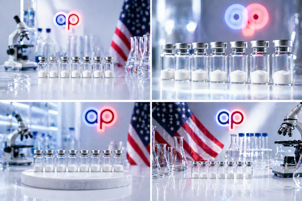 Multiple lab scenes showing peptide research environments with vials, microscope, and AP branding