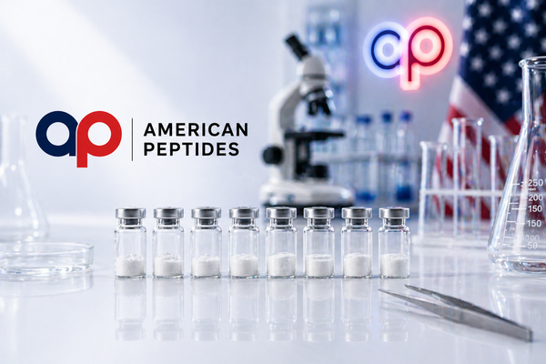 Peptide laboratory with microscope, vials, and American flag — quality testing infrastructure