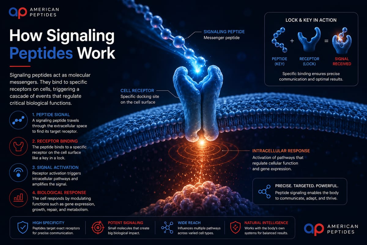 Infographic: How signaling peptides work — receptor binding and intracellular cascade