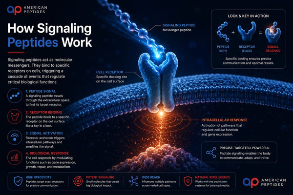 Infographic: How signaling peptides work — receptor binding and intracellular cascade