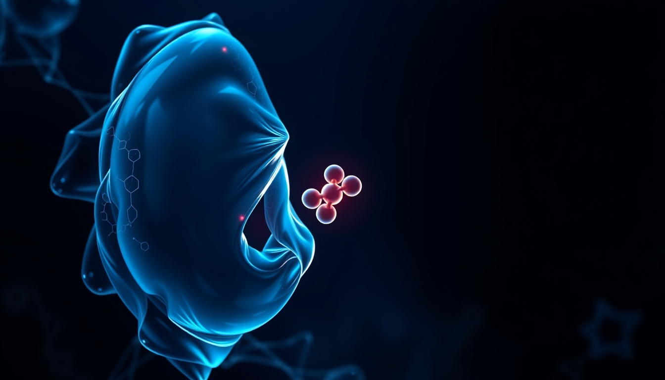 Abstract scientific illustration of a translucent blue mitochondrion-like organelle with a small four-bead peptide at its membrane opening, dark navy rendering