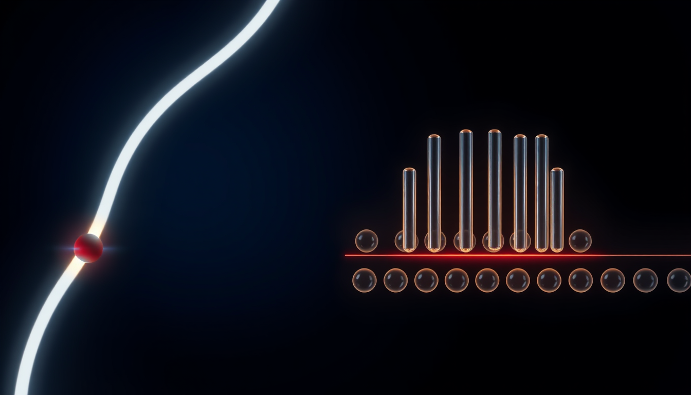 Abstract scientific illustration of a smooth white light ribbon carrying a red-capped residue toward a bundle of upright translucent receptor rods set in a sphere-bilayer membrane, dark navy rendering