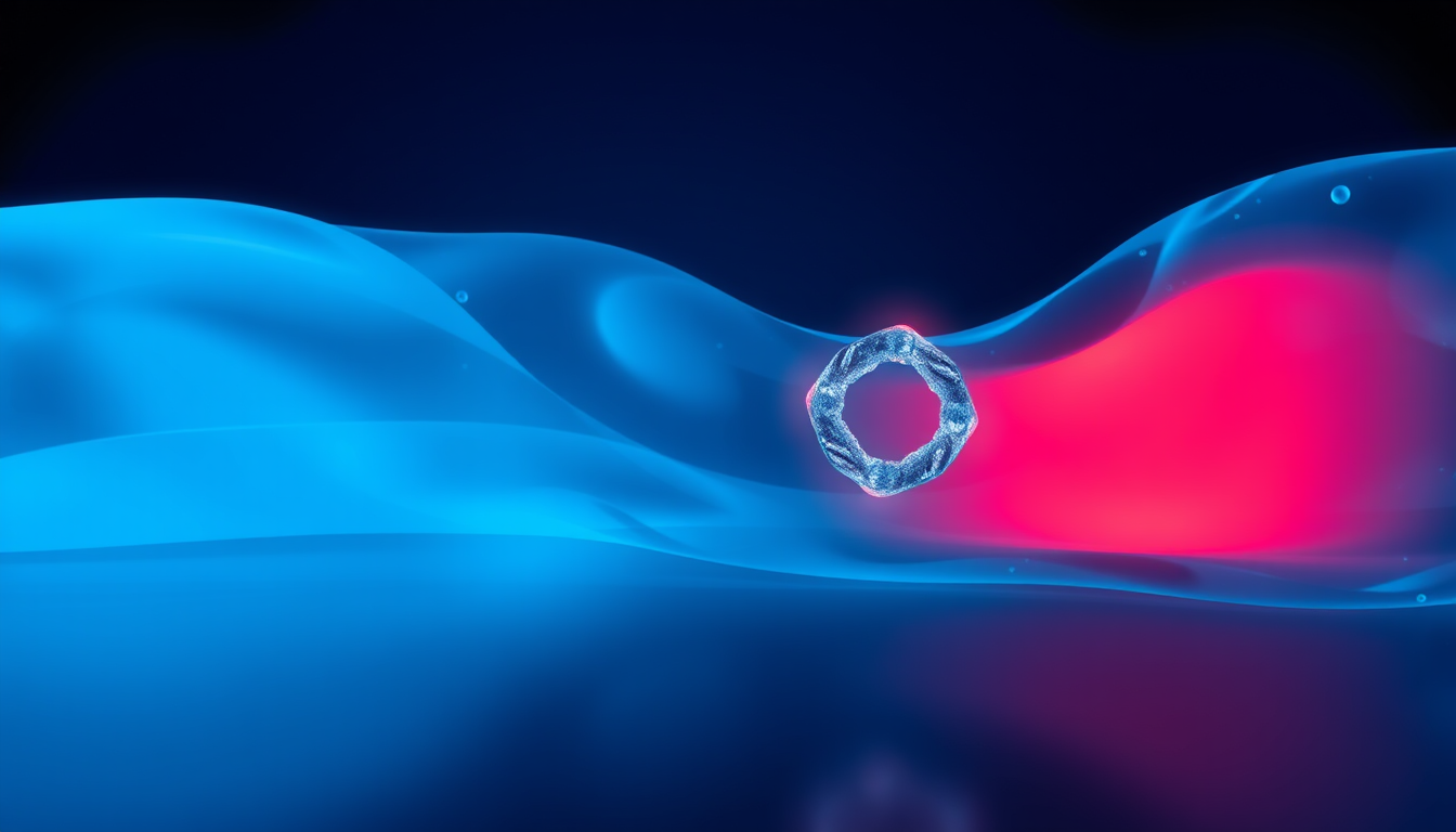 Abstract illustration of a small glowing crystalline ring molecule docking into a translucent glass enzyme pocket with a red accent glow, dark navy style