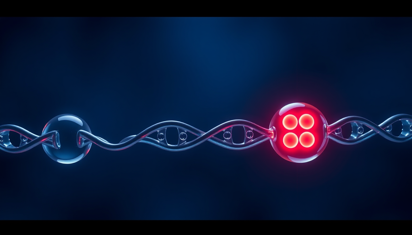 Abstract scientific illustration of two short peptide chains sharing an identical three-residue tail segment, dark navy rendering