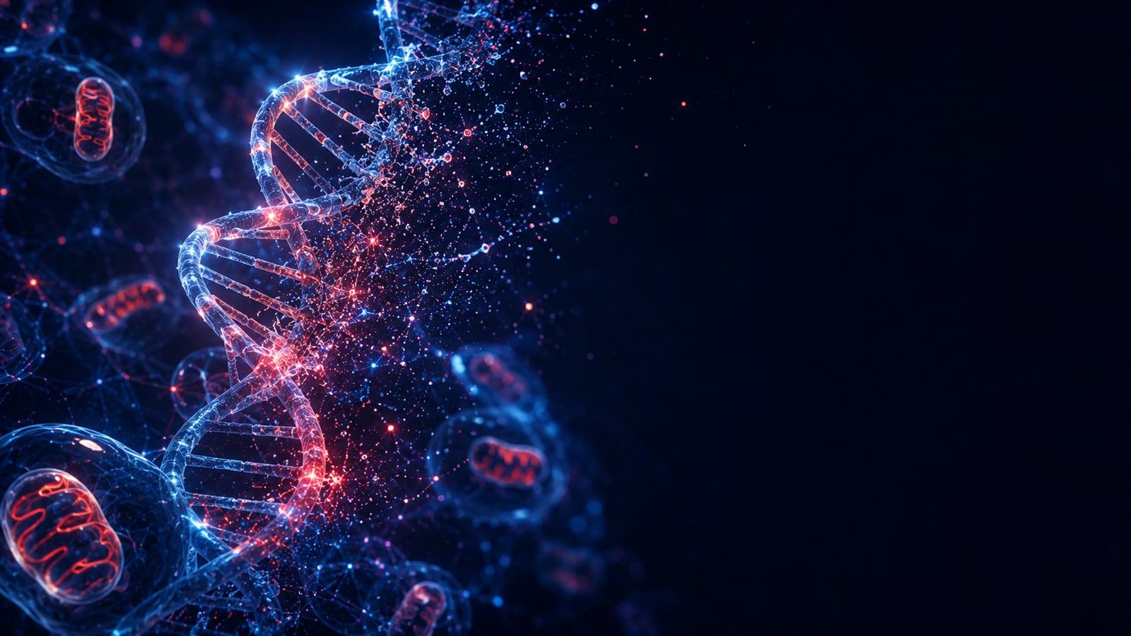 Cinematic visualization of a DNA helix, cells, and mitochondria representing cellular aging and aging biology — American Peptides research education
