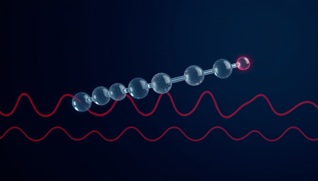 Abstract scientific illustration of a nine-bead glass peptide chain above a slow glowing EEG-like waveform with a red accent glow, dark navy rendering