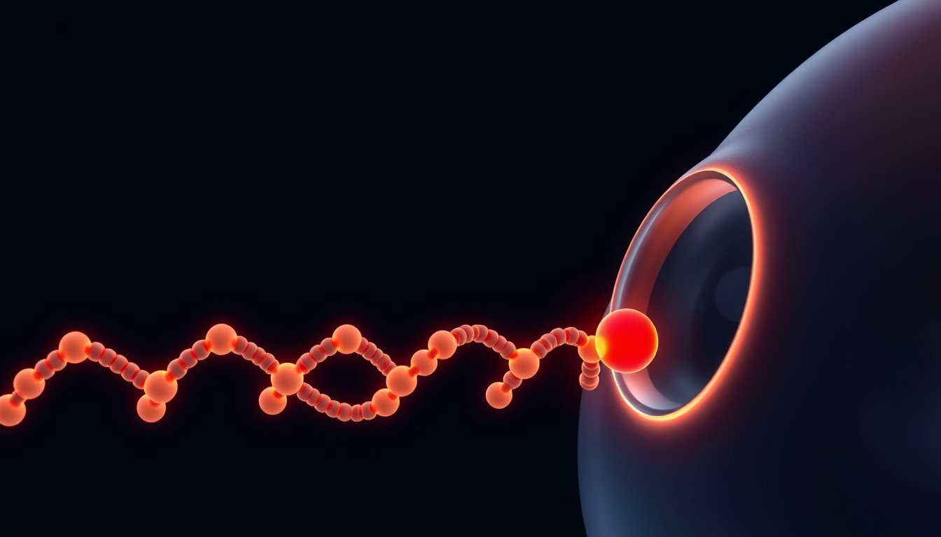 Abstract scientific illustration of a smooth string of orange peptide beads with one bright red residue entering a translucent receptor pocket on a large cell-like sphere, dark navy rendering