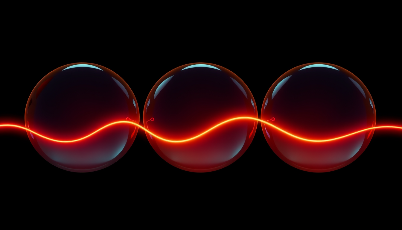 Abstract scientific illustration of three translucent glass receptor spheres in a row with a smooth glowing red signal wave threading through them, dark navy rendering