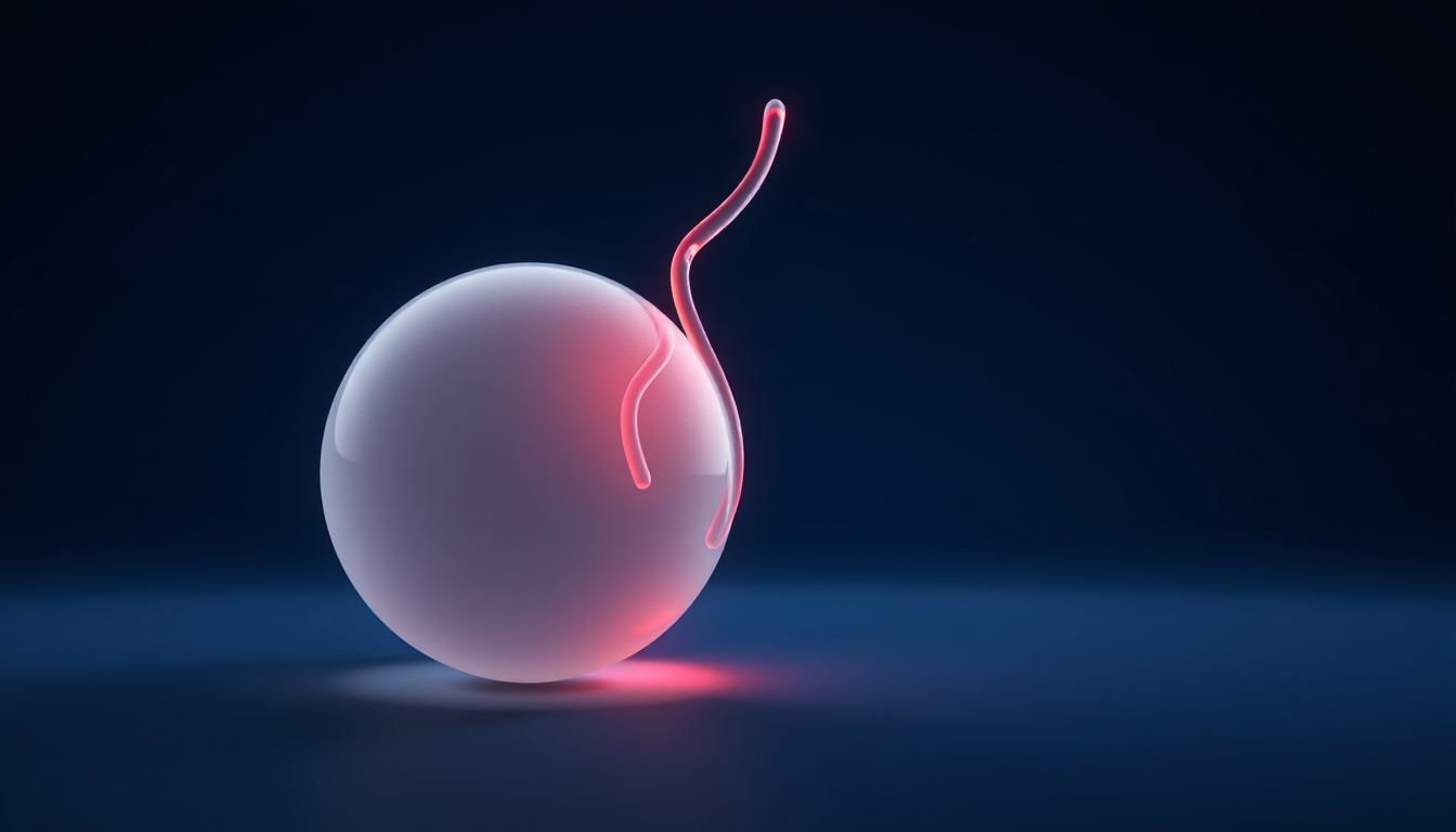 Abstract scientific illustration of a translucent glass receptor form holding a glowing red peptide ribbon with a trailing lipid tail, dark navy rendering
