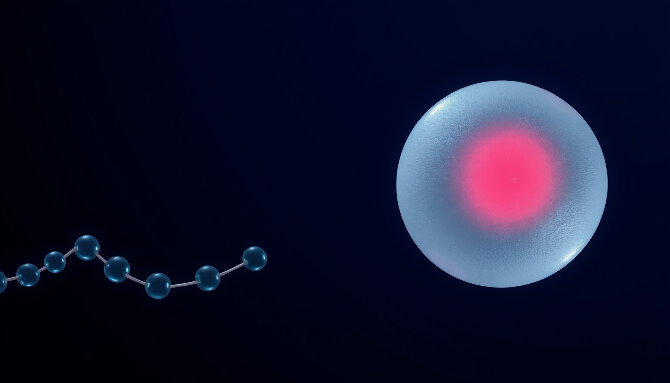 Abstract dark navy illustration of crystalline immune-cell forms and a glass receptor structure joined by a glowing red peptide-chain filament