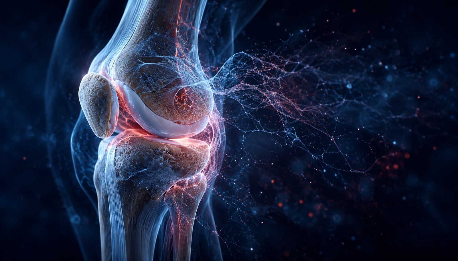 Cinematic anatomical visualization of a human knee joint showing cartilage and tendon structure — American Peptides research education