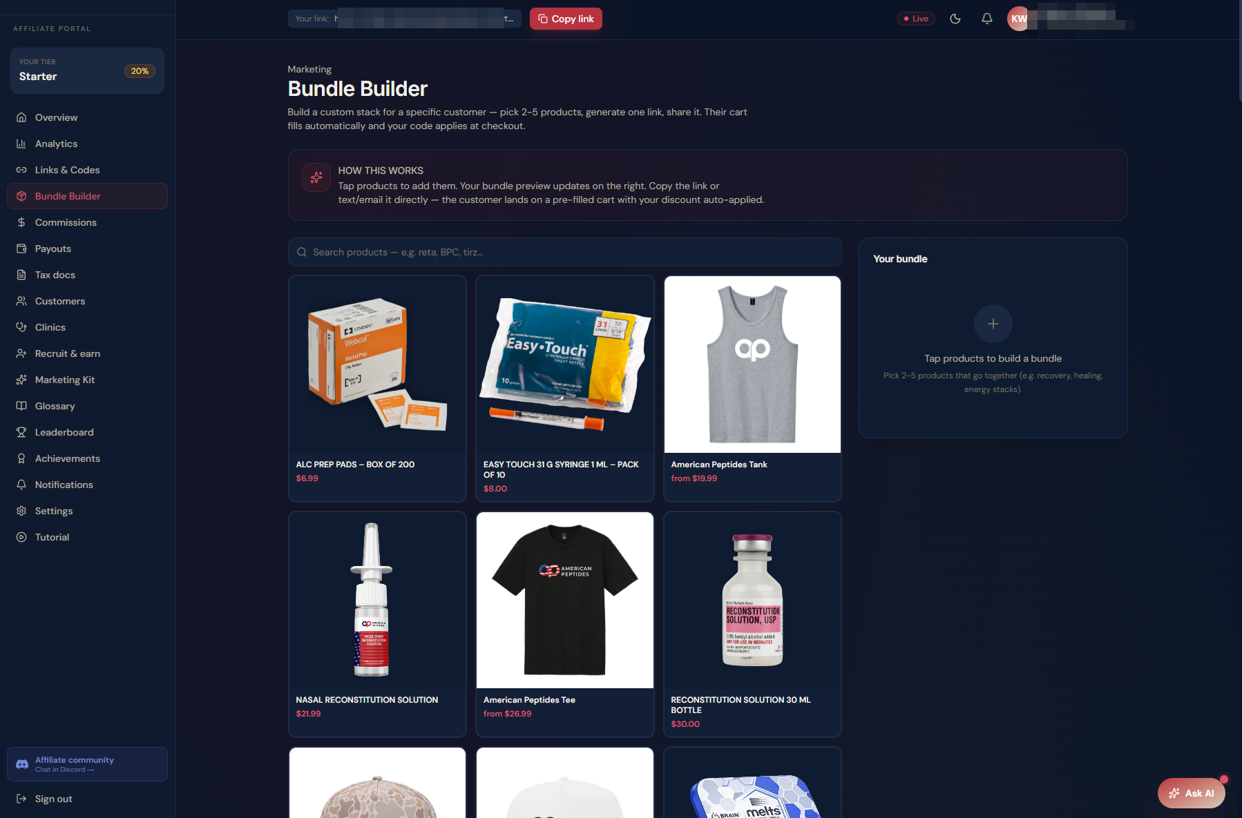 Build a custom stack, share one link, get paid — American Peptides partner dashboard