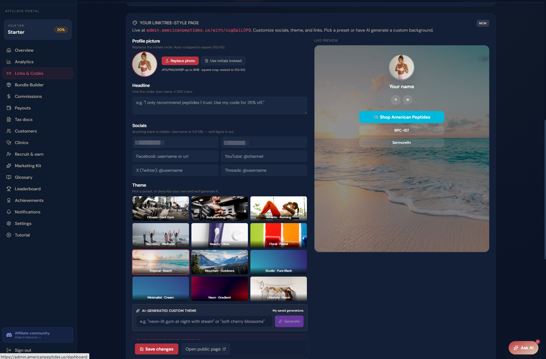 Your own branded link-in-bio page in under a minute — American Peptides partner dashboard